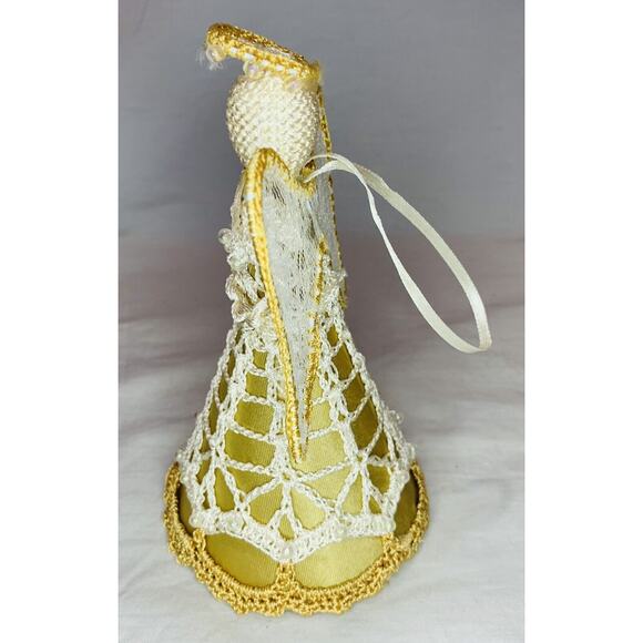 Vintage Crochet Angel Ornament Tree Topper Christmas Gold Handmade Lace 6" Decor - Picture 7 of 10